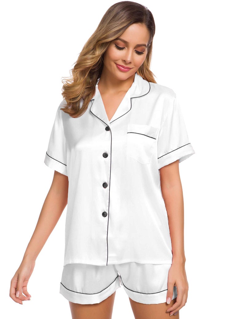 SWOMOG Pajamas Set Short Sleeve Sleepwear Womens Button Down Nightwear Soft Pj Lounge Sets White - Image 5